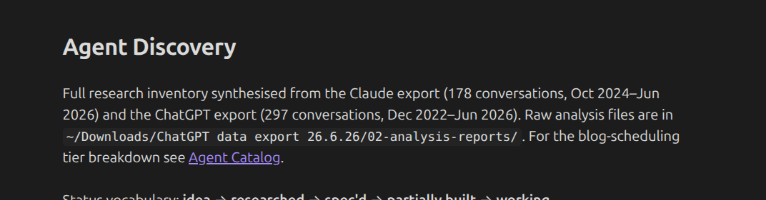 Agent Discovery — the inventory of two years of Claude and ChatGPT conversations