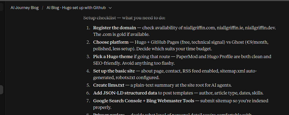 The research and planning checklist Claude put together for the blog build